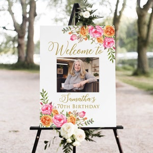 Hot Pink Orange Birthday Welcome Sign, Photo Birthday Welcome Sign, 70th Birthday Welcome Sign, Any Age, Digital file, W58-1