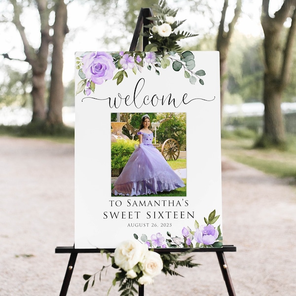 Purple Sweet Sixteen Welcome Sign, Photo Birthday Welcome Sign, Purple Birthday Sign Sweet 16th Welcome Sign With Photo Digital file W1464-3