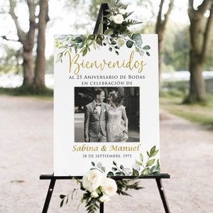 Bienvenidos al 25 Aniversario de Bodas, placa de boas-vindas com foto de aniversário, 25º aniversário, placa de aniversário espanhola, arquivo digital, W1128D