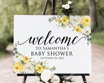 Yellow Baby Shower Welcome Sign, White and Yellow Floral Baby Shower Welcome Sign, Yellow and White Flowers, Digital file, W1134