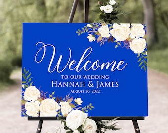 Royal Blue Wedding Welcome Sign, Blue and White Flowers Wedding Sign, Floral Welcome Sign, White Flowers, Digital file, W1017-2