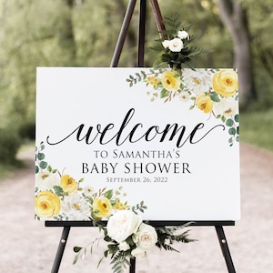 Signo de bienvenida de baby shower amarillo, signo de bienvenida de baby shower floral blanco y amarillo, flores amarillas y blancas, archivo digital, W1134