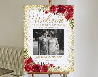 May include: Welcome to the 40th Anniversary Celebration of Jessica & Peter, August 24, 1985. A gold glitter background with red floral accents and a black and white photo of a couple.