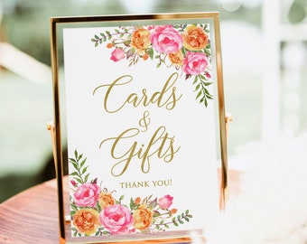 Hot Pink Orange Cards and Gifts Sign, Gift Table Sign, Floral Printable Sign, Pink Orange Wedding Sign, W58