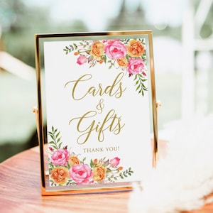 Hot Pink Orange Cards and Gifts Sign, Gift Table Sign, Floral Printable Sign, Pink Orange Wedding Sign, W58