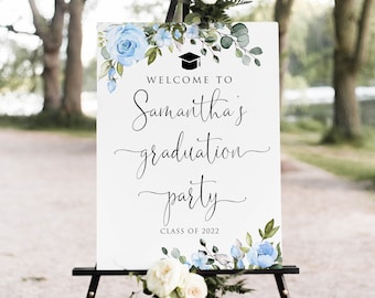 Blue Graduation Party Welcome Sign, Floral Graduation Welcome Sign, Grad Party Sign, Graduation Decorations, Digital file, W1411-2