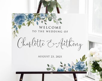 Panneau de bienvenue pour mariage bleu poussiéreux, panneau de bienvenue floral bleu, décoration bleu poudré, panneau de mariage moderne, fichier numérique, W53-2