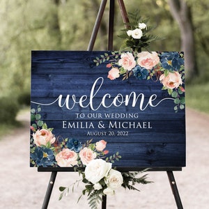 Rustic Navy Wedding Welcome Sign, Welcome To Our Wedding Sign, Navy Blush Wedding Welcome Sign, Digital File, W1239