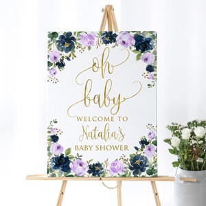 Navy Lavender Baby Shower Welcome Sign, Floral Purple Blue Baby Shower Welcome Sign, Oh Baby Welcome Sign, Digital File, W910