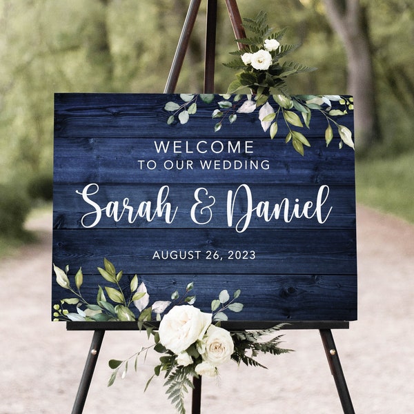 Navy Wedding Welcome Sign, Rustic Navy Wedding Welcome Sign, Blue Greenery Welcome Sign, Navy Greenery Wedding, Digital File, W1477-1