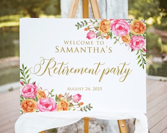 Orange Pink Retirement Party Sign, Retirement Celebration Welcome Sign, Hot Pink Orange Retirement Welcome Sign, Digital File, W58-2