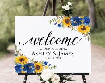 Sunflowers and Blue Roses Wedding Welcome Sign, Sunflower Welcome Sign, Welcome To Our Wedding Sign, Landscape Sign, Digital file, W1158-1