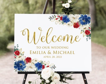 Red White Blue Wedding Welcome Sign, Red Floral Welcome Sign, Landscape Welcome Sign, Red and White Flowers, Digital file, W1185-2