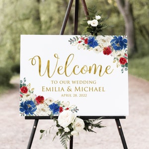 Red White Blue Wedding Welcome Sign, Red Floral Welcome Sign, Landscape Welcome Sign, Red and White Flowers, Digital file, W1185-2