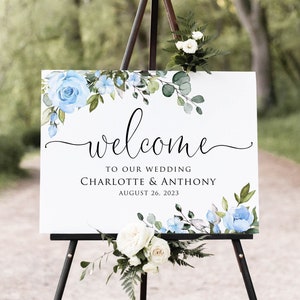 Blue Wedding Welcome Sign, Floral Wedding Welcome Sign, Light Blue Flowers, Digital File, W1411-1