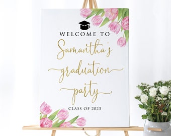 Pink Tulips Graduation Party Welcome Sign, Spring Graduation Party Welcome Sign, Grad Party Sign, Graduation Decor, Digital file, W1540-2