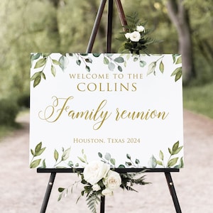 Family Reunion Welcome Sign, Greenery Gold Welcome Sign, Botanical Reunion Sign, Family Gathering Welcome Personalized Digital file, W257-2