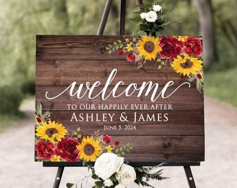 Sunflowers and Red Roses Welcome to our Happily Ever After Sign, Rustic Welcome Wedding Sign, Fall Welcome Sign, Digital file, W982