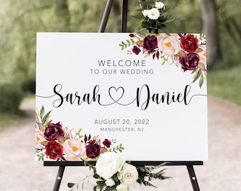 Burgundy Wedding Welcome Sign, Welcome To Our Wedding Sign, Marsala Wedding Welcome Sign, Digital file, W1120