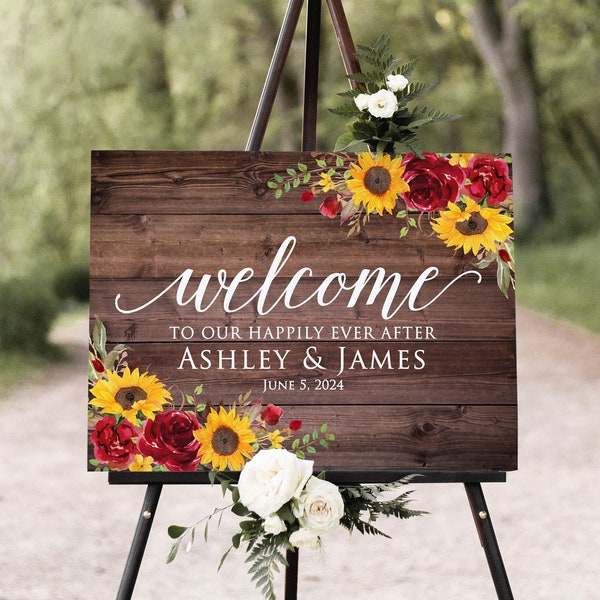 Sunflowers and Red Roses Welcome to our Happily Ever After Sign, Rustic Welcome Wedding Sign, Fall Welcome Sign, Digital file, W982