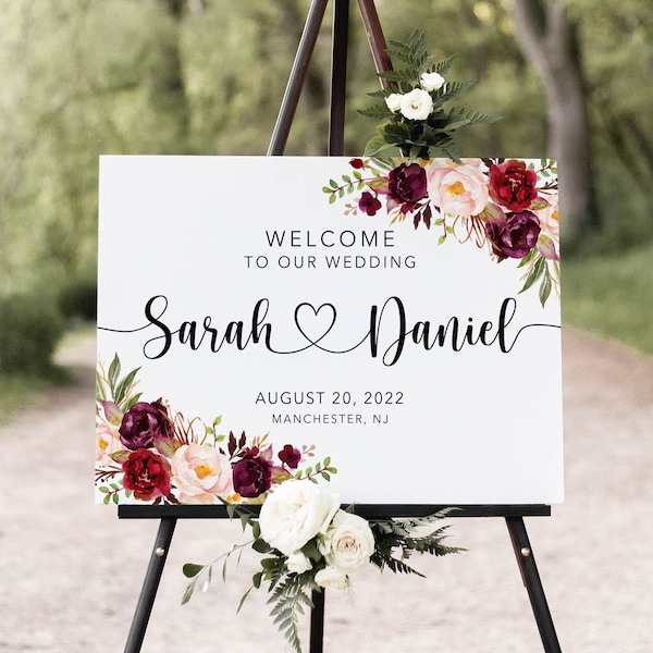 Burgundy Wedding Welcome Sign, Welcome To Our Wedding Sign, Marsala Wedding Welcome Sign, Digital file, W1120