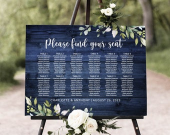 Rustic Navy Seating Chart, Greenery Wedding Seating Chart, Find Your Seat, Navy Wedding Table Plan, Digital file, W1477-1