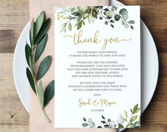 Greenery Gold Wedding Place Thank You Cards, Botanical Wedding Thank You Card, Greenery Thank You Notes, W1128-1