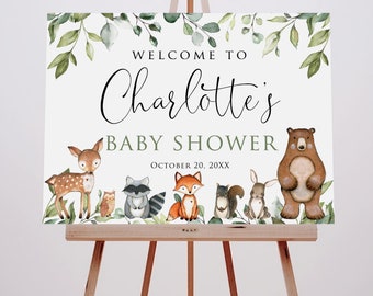 Välkomstskylt för babyshower i skogsmiljö, gröna dekorationer med söta skogsdjur, digital fil, WP24-2