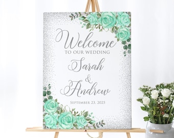 Mint Wedding Welcome Sign, Welcome To Our Wedding Sign, Silver and Mint Welcome Sign, Digital file, W1429