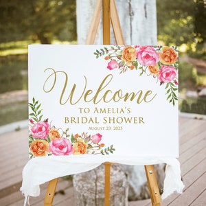 Hot Pink Orange Bridal Shower Welcome Sign, Pink Bridal Shower Welcome Sign, Floral Welcome Sign, Digital file, W58-2