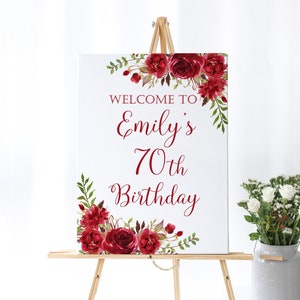 Red Birthday Welcome Sign, Red Welcome Birthday Sign, Red Flowers, Digital File, W1586