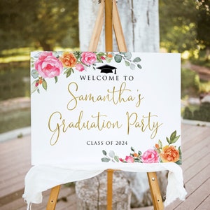 Hot Pink and Orange Graduation Party Welcome Sign, Orange Pink Graduation Welcome Sign, Floral Grad Party Decor, Digital File, W218-1