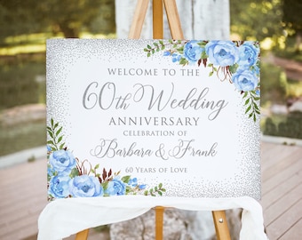 60th Wedding Anniversary Welcome Sign, Floral Blue Anniversary Decor, Silver Anniversary Sign, Diamond Anniversary Sign Digital File W1188-2