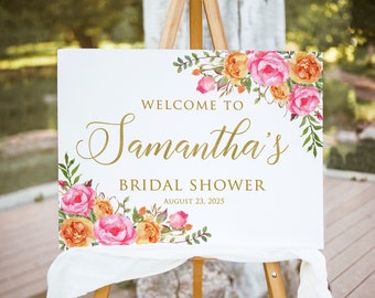 Orange Pink Bridal Shower Welcome Sign, Hot Pink Orange Bridal Shower Welcome Sign, Floral Welcome Sign, Digital file, W58-3