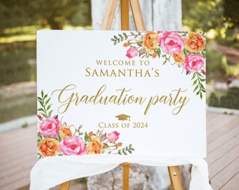 Hot Pink Orange Graduation Party Welcome Sign, Orange Pink Gold Graduation Welcome Sign, Floral Grad Party Sign, Digital File, W58-2