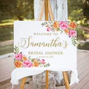 Orange Pink Bridal Shower Welcome Sign, Hot Pink Orange Bridal Shower Welcome Sign, Floral Welcome Sign, Digital file, W58-3