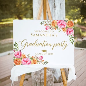 Hot Pink Orange Graduation Party Welcome Sign, Orange Pink Gold Graduation Welcome Sign, Floral Grad Party Sign, Digital File, W58-2