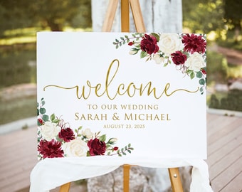 Burgundy Wedding Welcome Sign, Burgundy Ivory Flowers, Floral Wedding Sign, Digital file, W1676