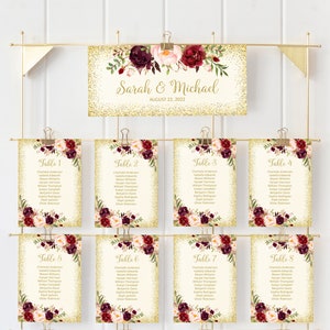 Tabella dei posti a sedere per matrimoni Borgogna, Carta dei posti a sedere per matrimoni in avorio, Tabella dei posti a sedere per il compleanno, Piano del tavolo nuziale, File digitale, W39