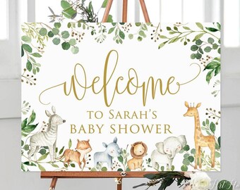 Willkommensschild für die Babyparty im Safari-Stil mit Dschungeltieren, Deko-Elementen aus Grünpflanzen, digitale Datei, W1189-3