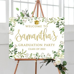 Greenery Graduation Welcome Sign, Botanical Graduation Party Welcome Sign, Grad Party Sign, Graduation Decorations, Digital file, W33-2