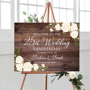 Rustic 25th Anniversary Welcome Sign, White Roses Anniversary Sign, 25th Wedding Anniversary, Digital File, W305