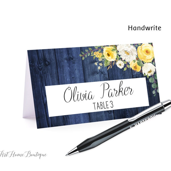 Navy Rustic Place Card, Food Tents, Name Card, Seating Card, Instant Download, Digital File, Yellow and White Flowers, W957