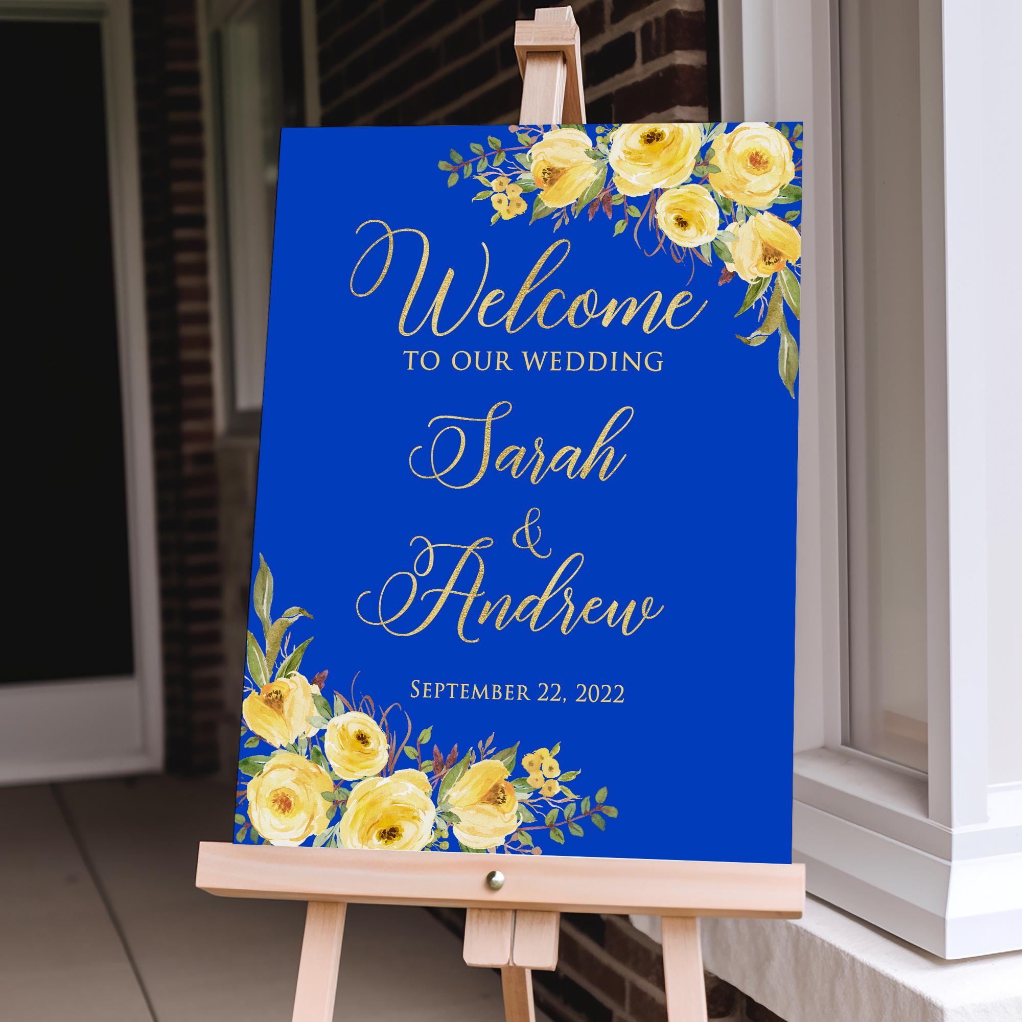 Printed or Digital Royal Blue Wedding Welcome Sign, Yellow Floral