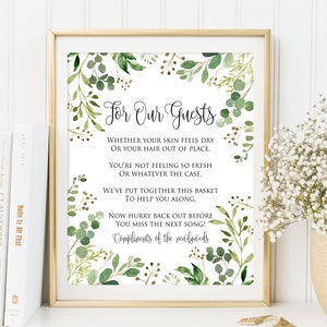 Greenery Wedding Bathroom Basket Sign, Eucalyptus Wedding Restroom Basket Sign, Garden Wedding Bathroom Sign, W34