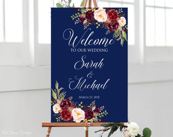 Navy Welcome Wedding Sign, Welcome To Our Wedding Sign, Navy Burgundy Welcome Wedding Sign, Large Welcome Sign, Burgundy Welcome Sign, W216