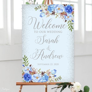 Silver Blue Wedding Welcome Sign, Blue Floral Welcome To Our Wedding Sign, Printable Welcome Sign, Blue Floral Wedding, W553
