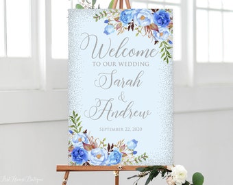 Silver Blue Wedding Welcome Sign, Blue Floral Welcome To Our Wedding Sign, Printable Welcome Sign, Blue Floral Wedding, W553