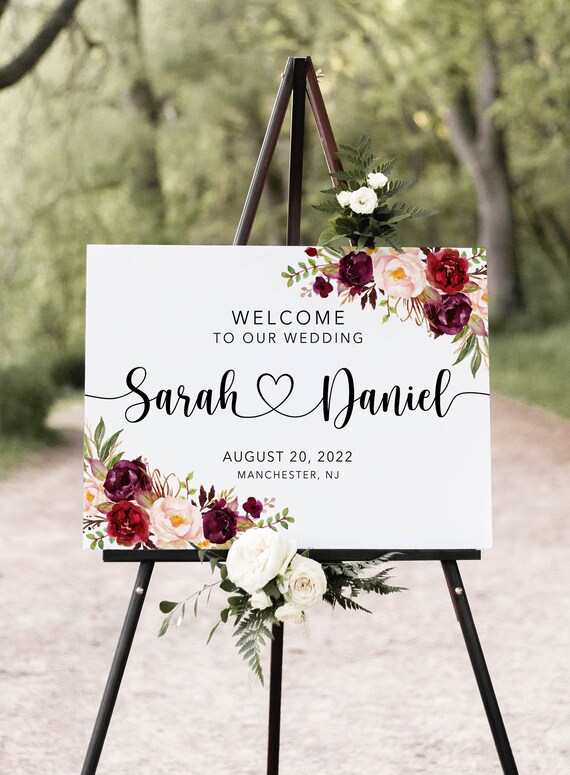 Burgundy Wedding Welcome Sign, Welcome To Our Wedding Sign, Marsala Wedding Welcome Sign, Digital file, W1120