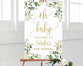 Greenery Oh Baby Welcome Sign, Baby Shower Welcome Sign, Calligraphy Welcome to Baby Shower, Eucalyptus Baby Shower, Digital file, BS33-1